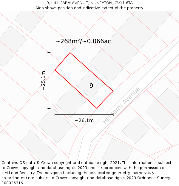 9, HILL FARM AVENUE, NUNEATON, CV11 6TA: Plot and title map
