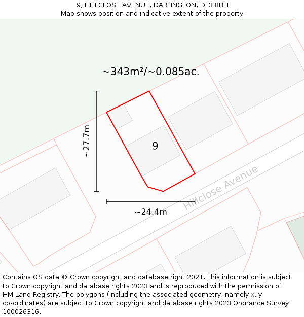 9, HILLCLOSE AVENUE, DARLINGTON, DL3 8BH: Plot and title map