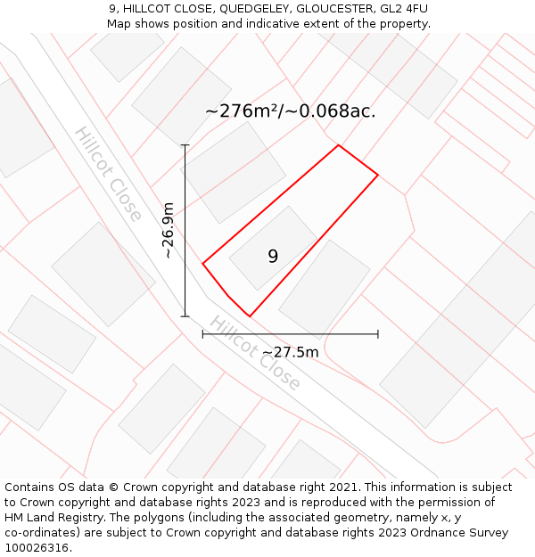 9, HILLCOT CLOSE, QUEDGELEY, GLOUCESTER, GL2 4FU: Plot and title map