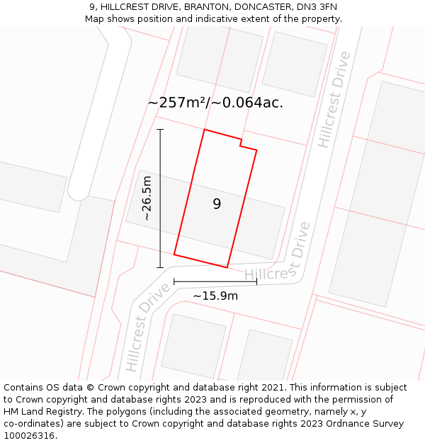 9, HILLCREST DRIVE, BRANTON, DONCASTER, DN3 3FN: Plot and title map
