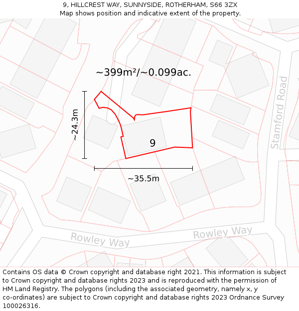 9, HILLCREST WAY, SUNNYSIDE, ROTHERHAM, S66 3ZX: Plot and title map
