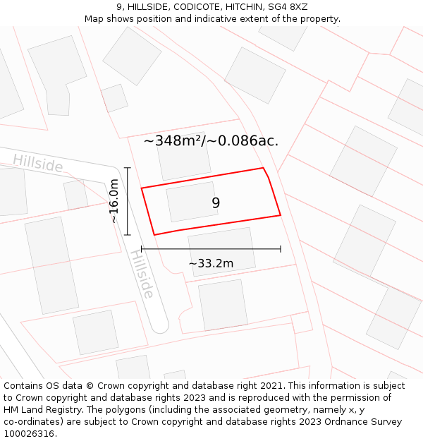 9, HILLSIDE, CODICOTE, HITCHIN, SG4 8XZ: Plot and title map