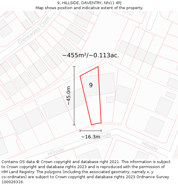 9, HILLSIDE, DAVENTRY, NN11 4PJ: Plot and title map