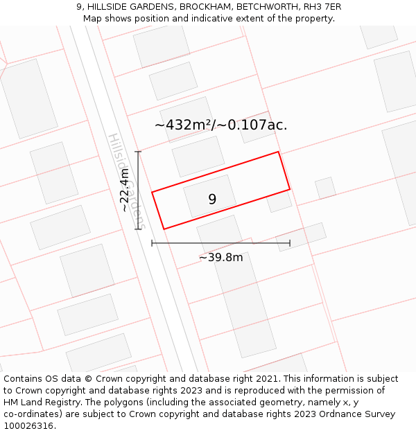 9, HILLSIDE GARDENS, BROCKHAM, BETCHWORTH, RH3 7ER: Plot and title map