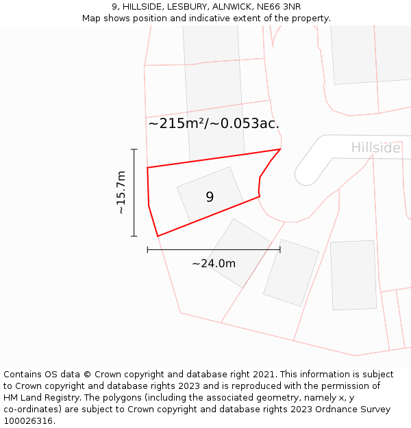 9, HILLSIDE, LESBURY, ALNWICK, NE66 3NR: Plot and title map