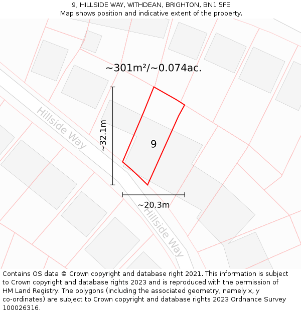 9, HILLSIDE WAY, WITHDEAN, BRIGHTON, BN1 5FE: Plot and title map