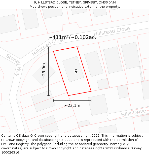 9, HILLSTEAD CLOSE, TETNEY, GRIMSBY, DN36 5NH: Plot and title map