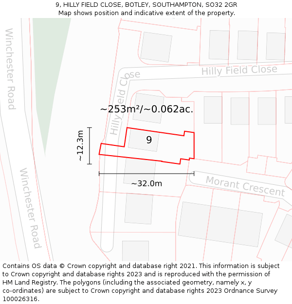 9, HILLY FIELD CLOSE, BOTLEY, SOUTHAMPTON, SO32 2GR: Plot and title map