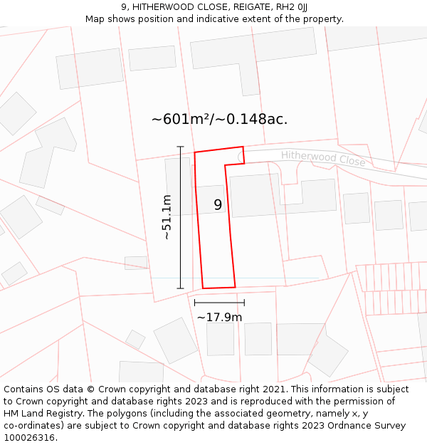 9, HITHERWOOD CLOSE, REIGATE, RH2 0JJ: Plot and title map