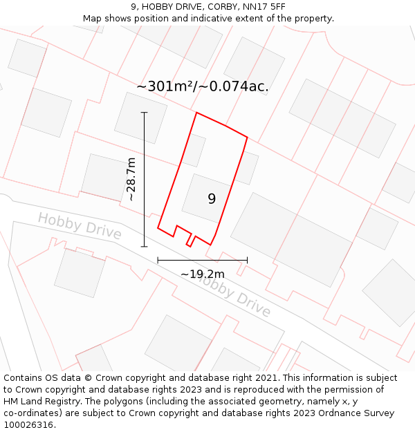 9, HOBBY DRIVE, CORBY, NN17 5FF: Plot and title map