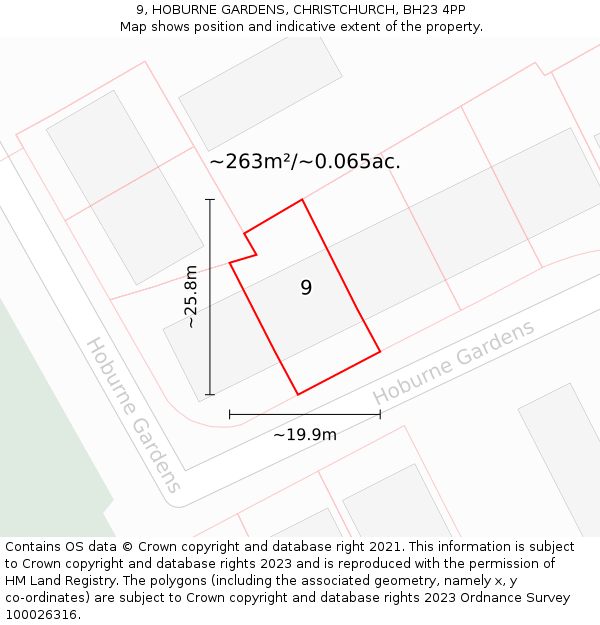 9, HOBURNE GARDENS, CHRISTCHURCH, BH23 4PP: Plot and title map