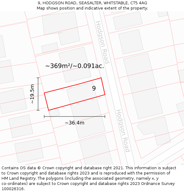 9, HODGSON ROAD, SEASALTER, WHITSTABLE, CT5 4AG: Plot and title map
