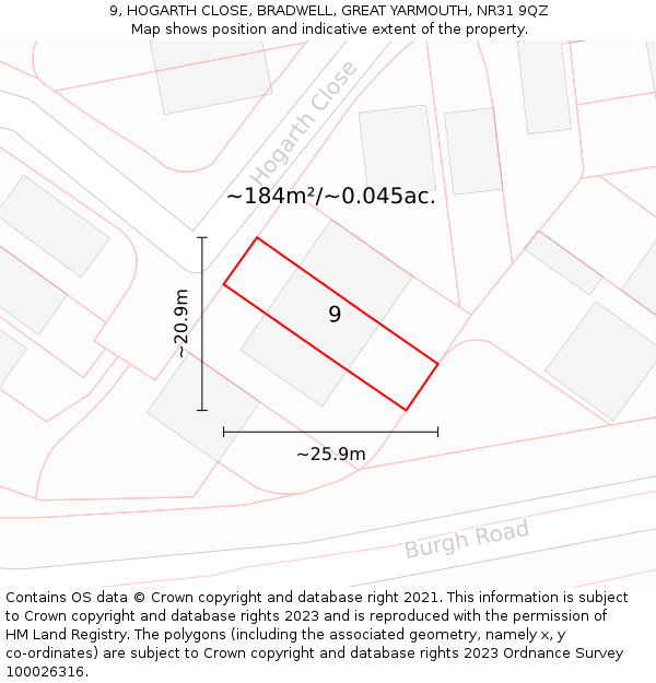 9, HOGARTH CLOSE, BRADWELL, GREAT YARMOUTH, NR31 9QZ: Plot and title map