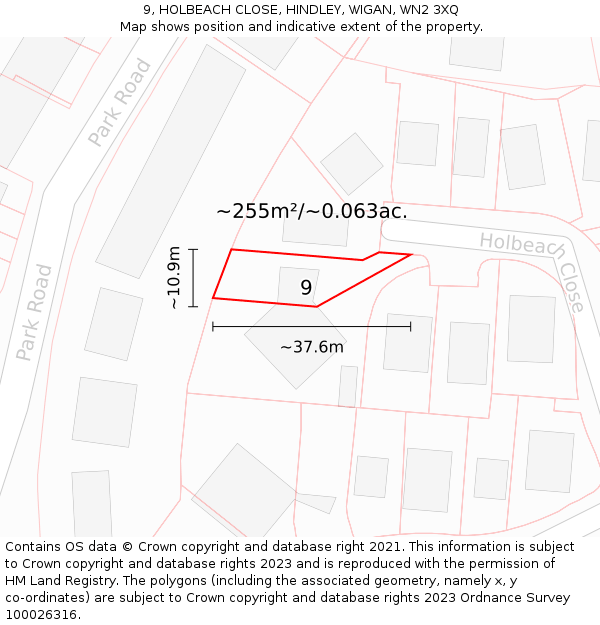 9, HOLBEACH CLOSE, HINDLEY, WIGAN, WN2 3XQ: Plot and title map