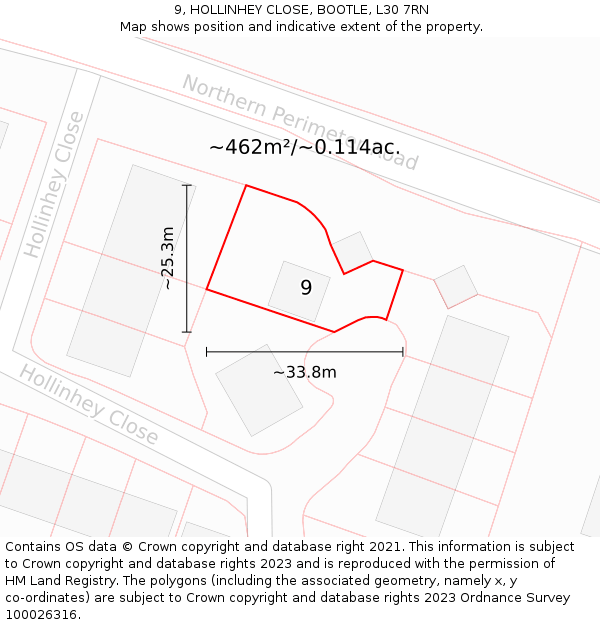 9, HOLLINHEY CLOSE, BOOTLE, L30 7RN: Plot and title map