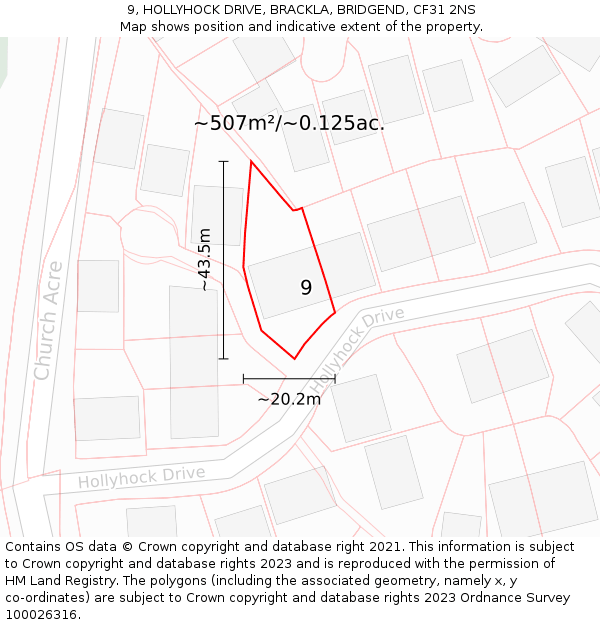 9, HOLLYHOCK DRIVE, BRACKLA, BRIDGEND, CF31 2NS: Plot and title map