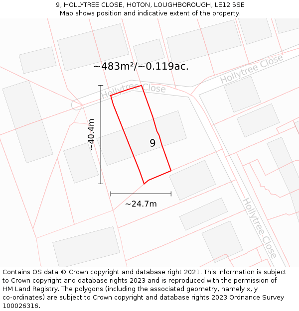 9, HOLLYTREE CLOSE, HOTON, LOUGHBOROUGH, LE12 5SE: Plot and title map