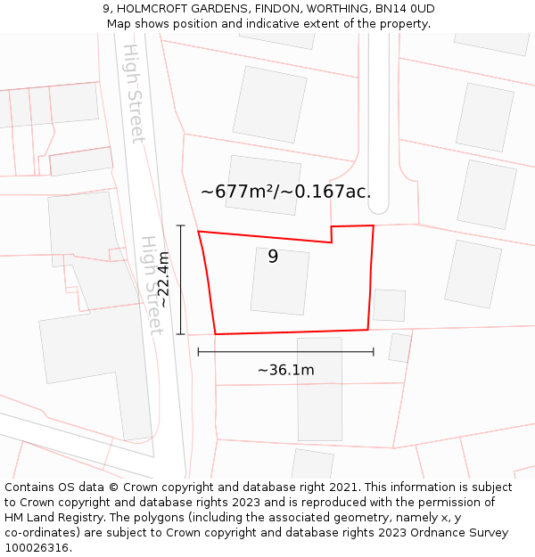 9, HOLMCROFT GARDENS, FINDON, WORTHING, BN14 0UD: Plot and title map