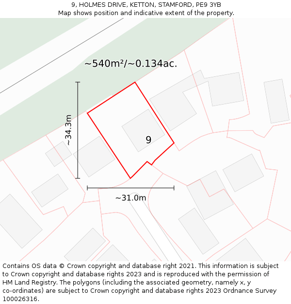 9, HOLMES DRIVE, KETTON, STAMFORD, PE9 3YB: Plot and title map
