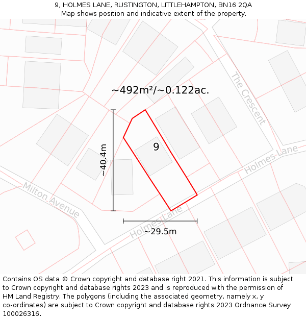 9, HOLMES LANE, RUSTINGTON, LITTLEHAMPTON, BN16 2QA: Plot and title map
