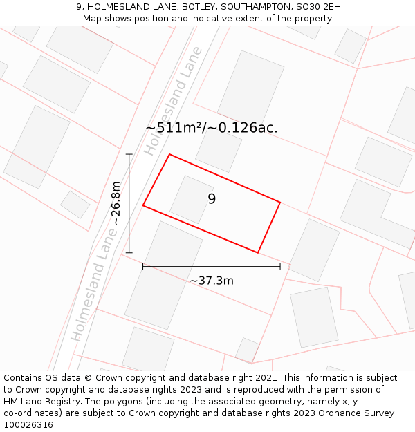 9, HOLMESLAND LANE, BOTLEY, SOUTHAMPTON, SO30 2EH: Plot and title map