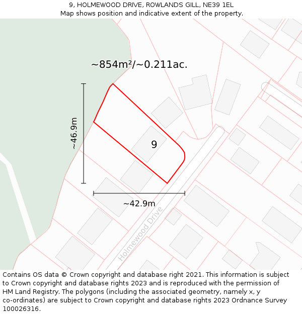 9, HOLMEWOOD DRIVE, ROWLANDS GILL, NE39 1EL: Plot and title map
