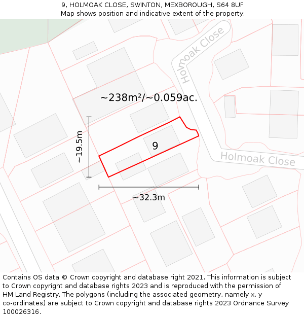 9, HOLMOAK CLOSE, SWINTON, MEXBOROUGH, S64 8UF: Plot and title map