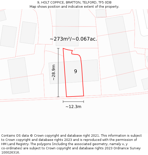 9, HOLT COPPICE, BRATTON, TELFORD, TF5 0DB: Plot and title map