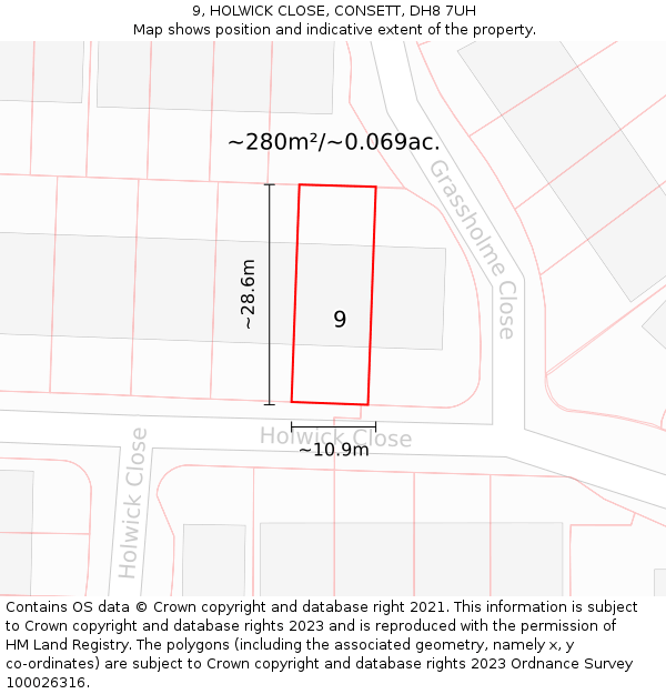 9, HOLWICK CLOSE, CONSETT, DH8 7UH: Plot and title map