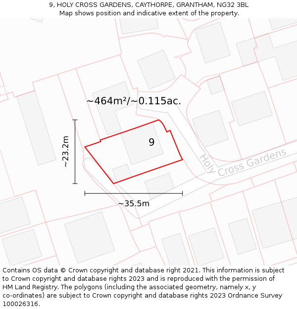 9, HOLY CROSS GARDENS, CAYTHORPE, GRANTHAM, NG32 3BL: Plot and title map