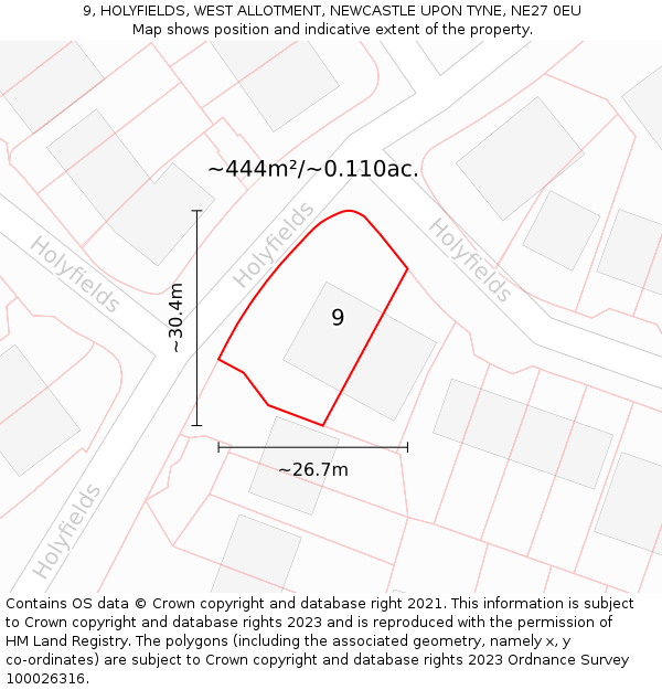 9, HOLYFIELDS, WEST ALLOTMENT, NEWCASTLE UPON TYNE, NE27 0EU: Plot and title map
