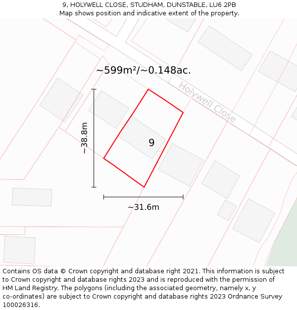 9, HOLYWELL CLOSE, STUDHAM, DUNSTABLE, LU6 2PB: Plot and title map