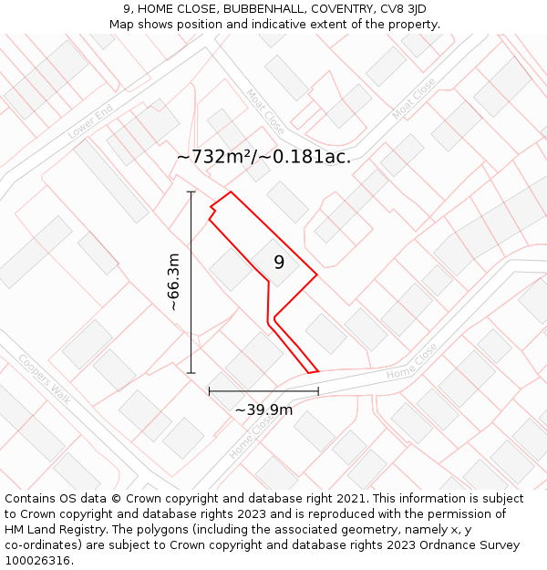 9, HOME CLOSE, BUBBENHALL, COVENTRY, CV8 3JD: Plot and title map