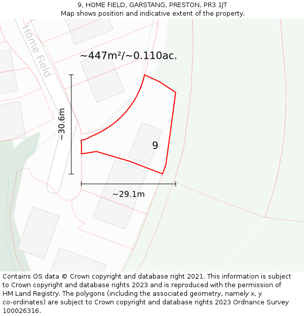 9, HOME FIELD, GARSTANG, PRESTON, PR3 1JT: Plot and title map
