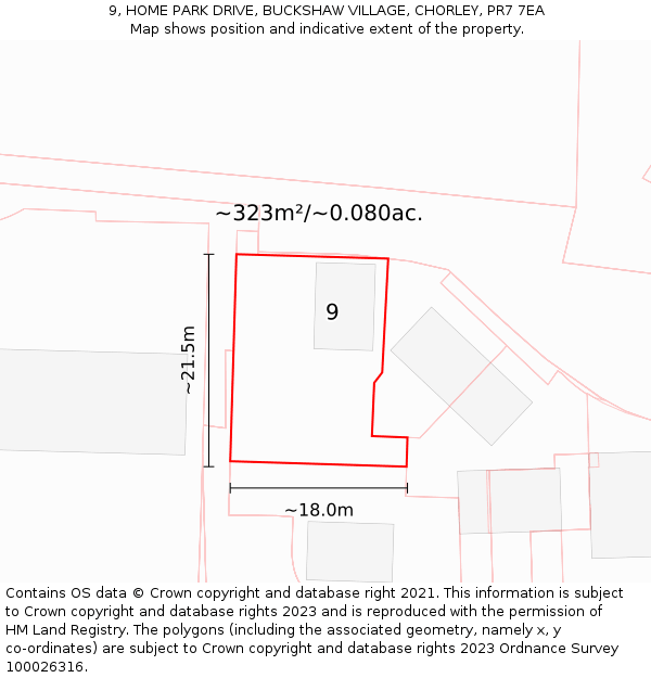 9, HOME PARK DRIVE, BUCKSHAW VILLAGE, CHORLEY, PR7 7EA: Plot and title map