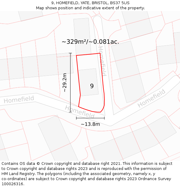 9, HOMEFIELD, YATE, BRISTOL, BS37 5US: Plot and title map