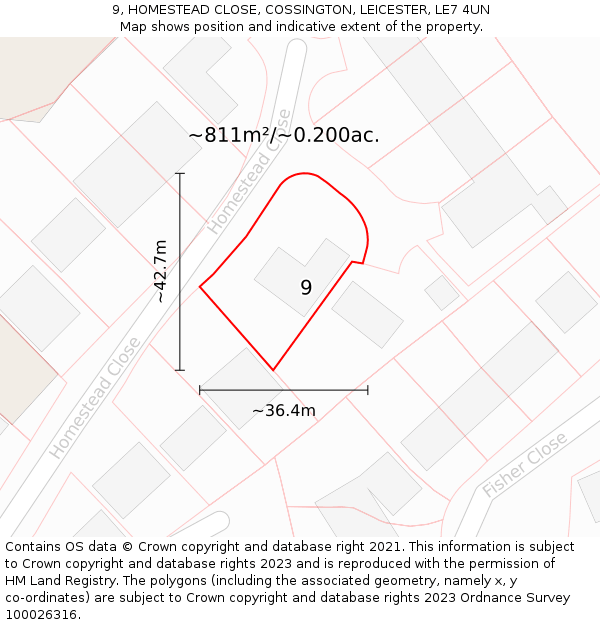 9, HOMESTEAD CLOSE, COSSINGTON, LEICESTER, LE7 4UN: Plot and title map
