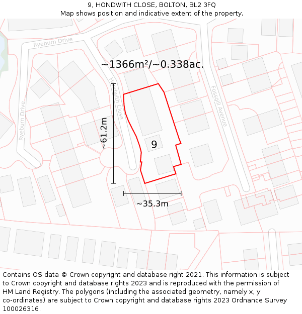 9, HONDWITH CLOSE, BOLTON, BL2 3FQ: Plot and title map