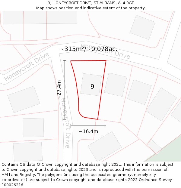 9, HONEYCROFT DRIVE, ST ALBANS, AL4 0GF: Plot and title map