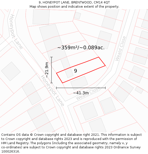 9, HONEYPOT LANE, BRENTWOOD, CM14 4QT: Plot and title map