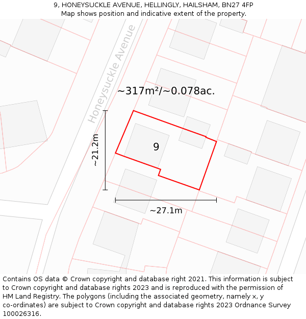 9, HONEYSUCKLE AVENUE, HELLINGLY, HAILSHAM, BN27 4FP: Plot and title map