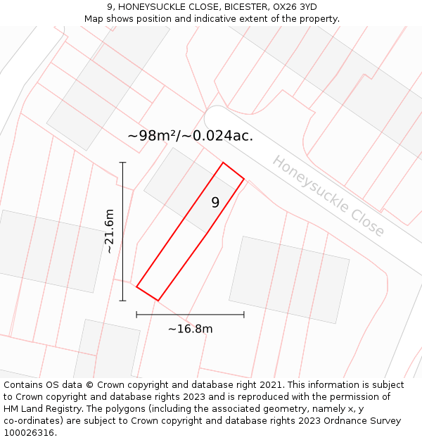 9, HONEYSUCKLE CLOSE, BICESTER, OX26 3YD: Plot and title map
