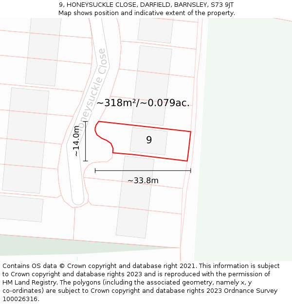 9, HONEYSUCKLE CLOSE, DARFIELD, BARNSLEY, S73 9JT: Plot and title map