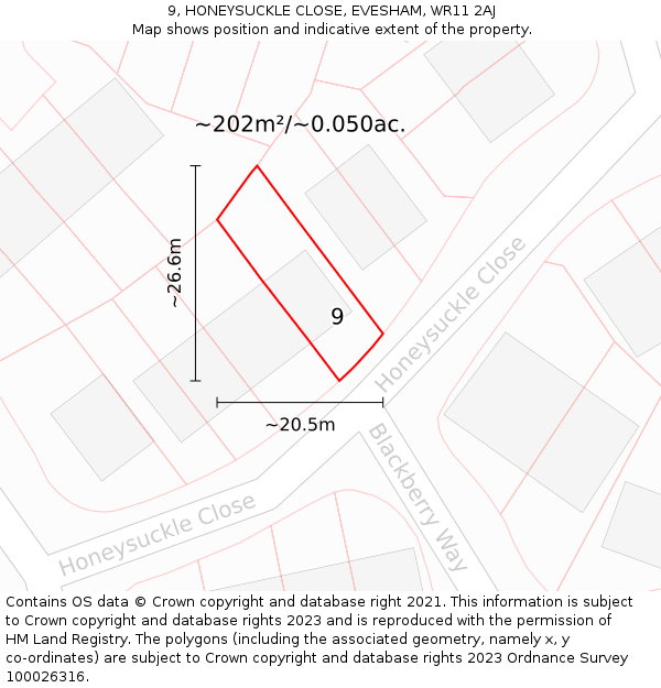9, HONEYSUCKLE CLOSE, EVESHAM, WR11 2AJ: Plot and title map