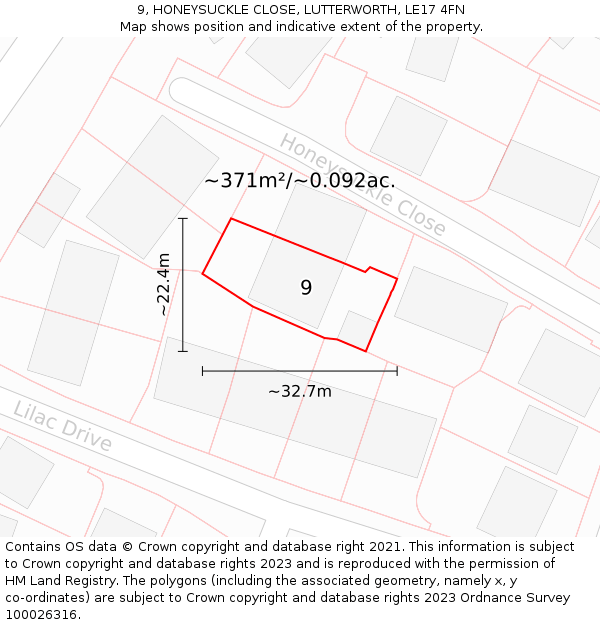 9, HONEYSUCKLE CLOSE, LUTTERWORTH, LE17 4FN: Plot and title map