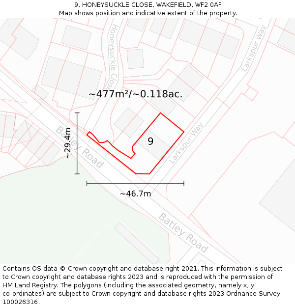 9, HONEYSUCKLE CLOSE, WAKEFIELD, WF2 0AF: Plot and title map