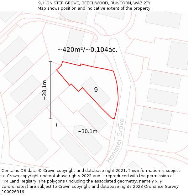 9, HONISTER GROVE, BEECHWOOD, RUNCORN, WA7 2TY: Plot and title map