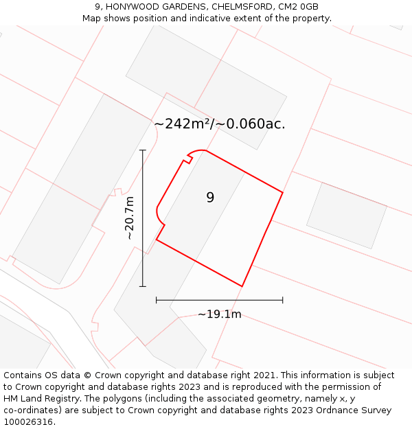 9, HONYWOOD GARDENS, CHELMSFORD, CM2 0GB: Plot and title map