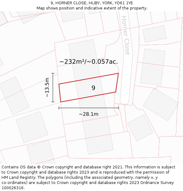 9, HORNER CLOSE, HUBY, YORK, YO61 1YE: Plot and title map