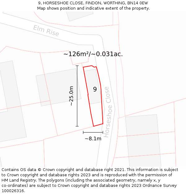 9, HORSESHOE CLOSE, FINDON, WORTHING, BN14 0EW: Plot and title map